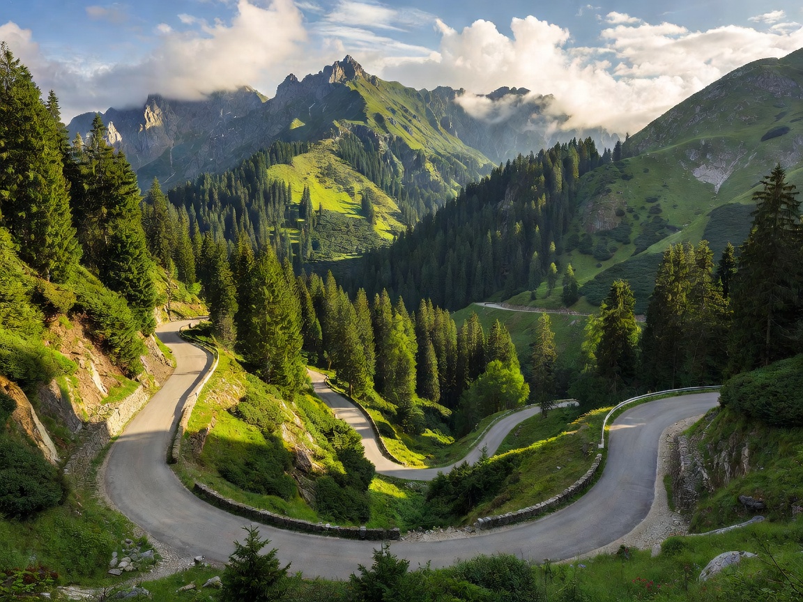 Winding Transfagarasan mountain highway through lush Romanian Carpathians